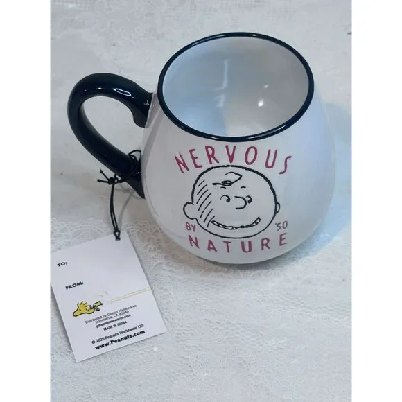 Peanuts 75th Anniversary "Nervous By Nature" Ceramic Mug 20 Oz Black & White - Picture 4 of 6